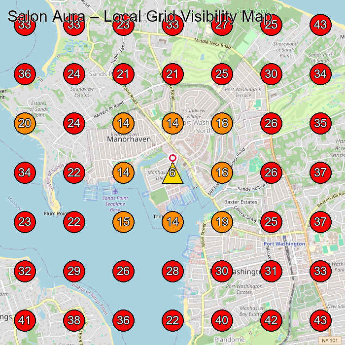 Salon Aura GeoGrid visibility map for Hair Salon in Port Washington